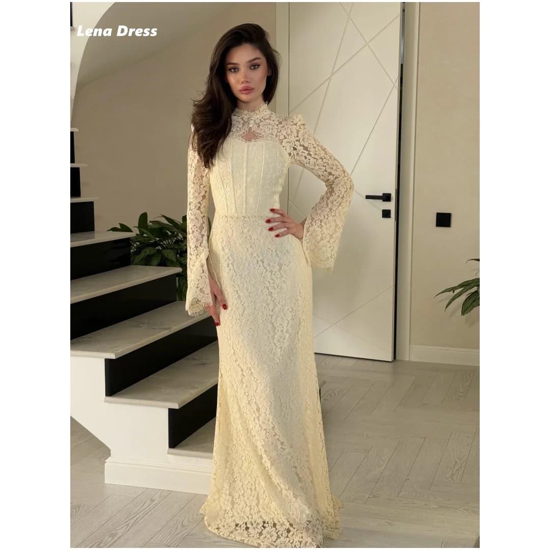 Abiti da Sera Eleganti Lena con Ricami in Pizzo per Donna, Personalizzabili con Maniche Lunghe e Coda a Sirena, Abiti di Lusso per Balli e Cerimonie