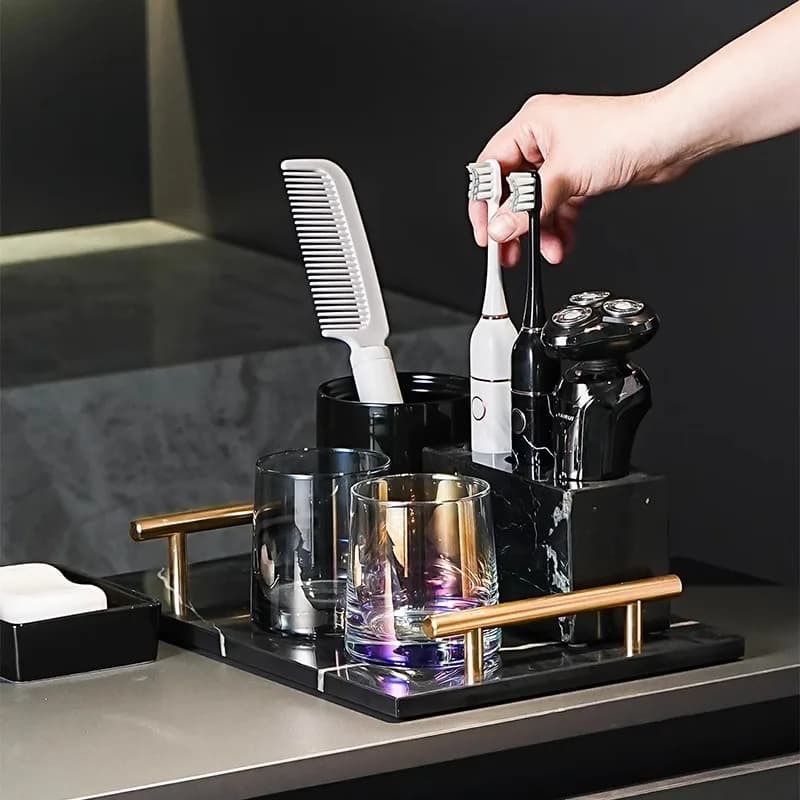 Premium white marble brush holder - Luxury bathroom shelf for electric toothbrush organizer and mouthwashing cup