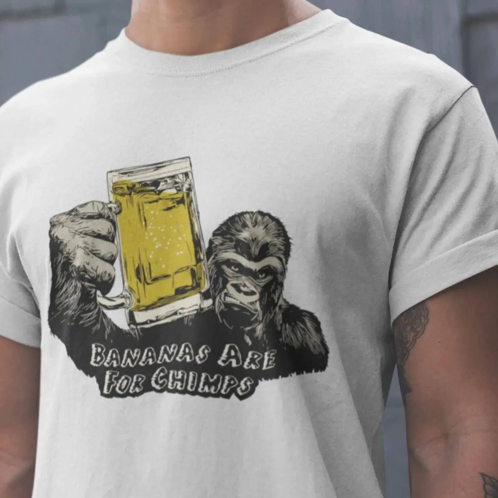 Maglietta Beer Drinking Gorilla con stampa Scimmia con tazza e banane, stile vintage, effetto lavato, elasticizzata, per tutti i giorni, unisex