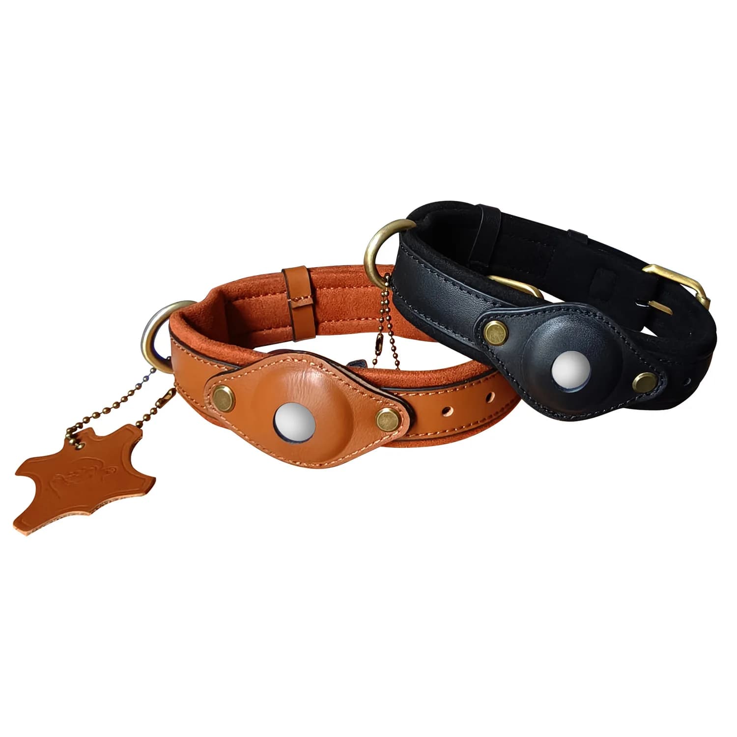 Collare imbottito per cani AirTag in pelle Collare per animali domestici fatto a mano autentico e resistente con porta targhetta ad aria Collari per animali GPS leggeri