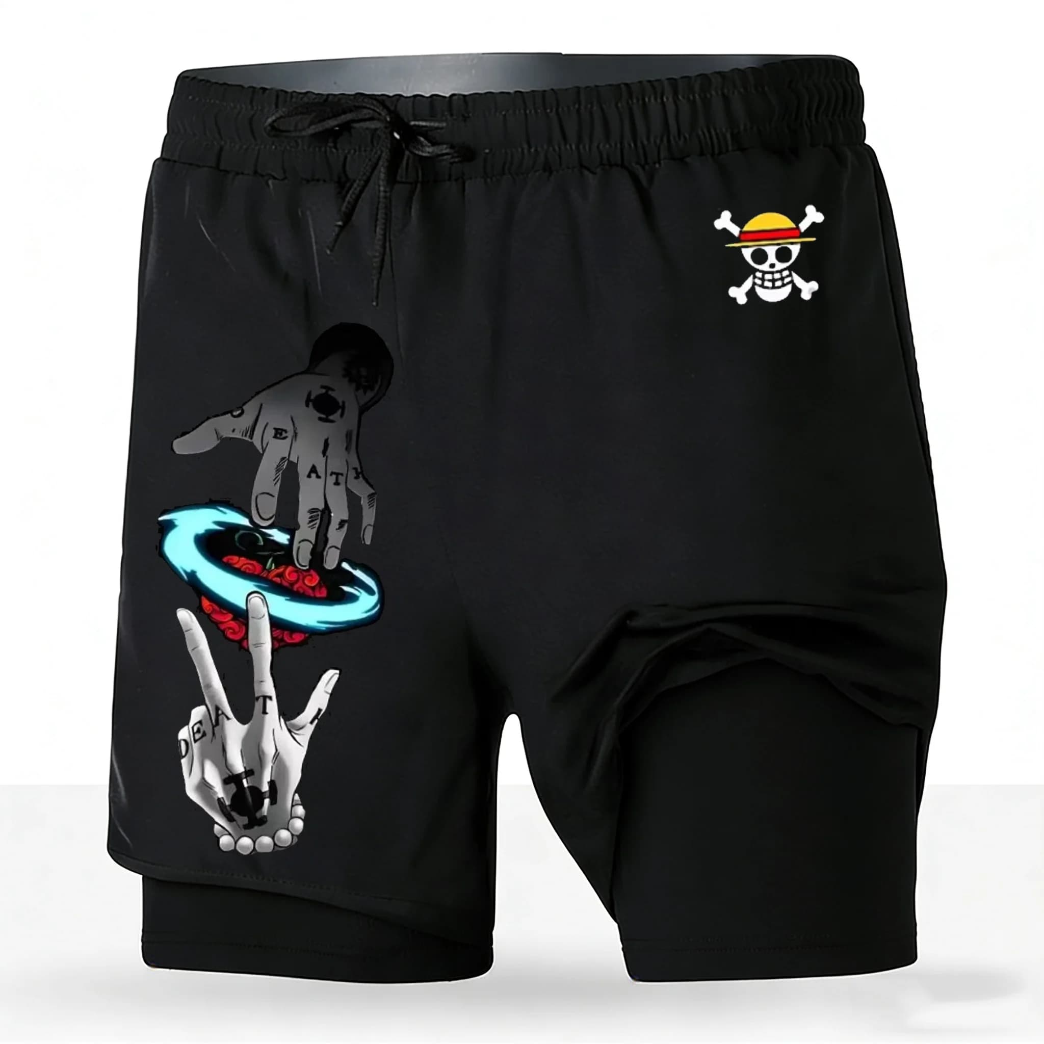 Pantaloncini da corsa 2-in-1 da uomo One Piece Anime con stampa Trafalgar Law Devil Fruit, ad asciugatura rapida, per allenamento in palestra, con strato interno per l'estate