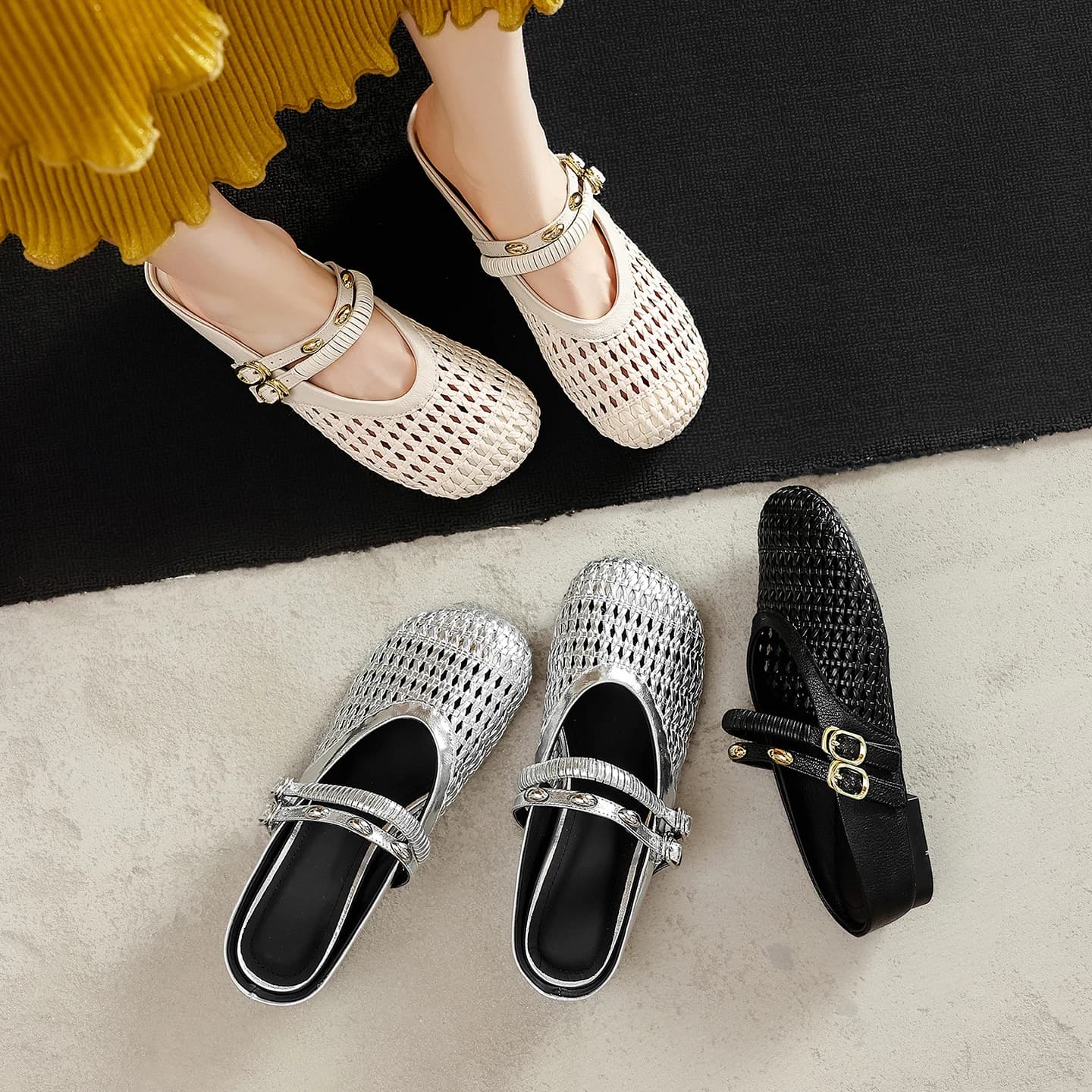 2026 new summer women sandals natural leather 22-25cm cowhide+weave fabric+sheepskin mules hollow-out buckle women slippers