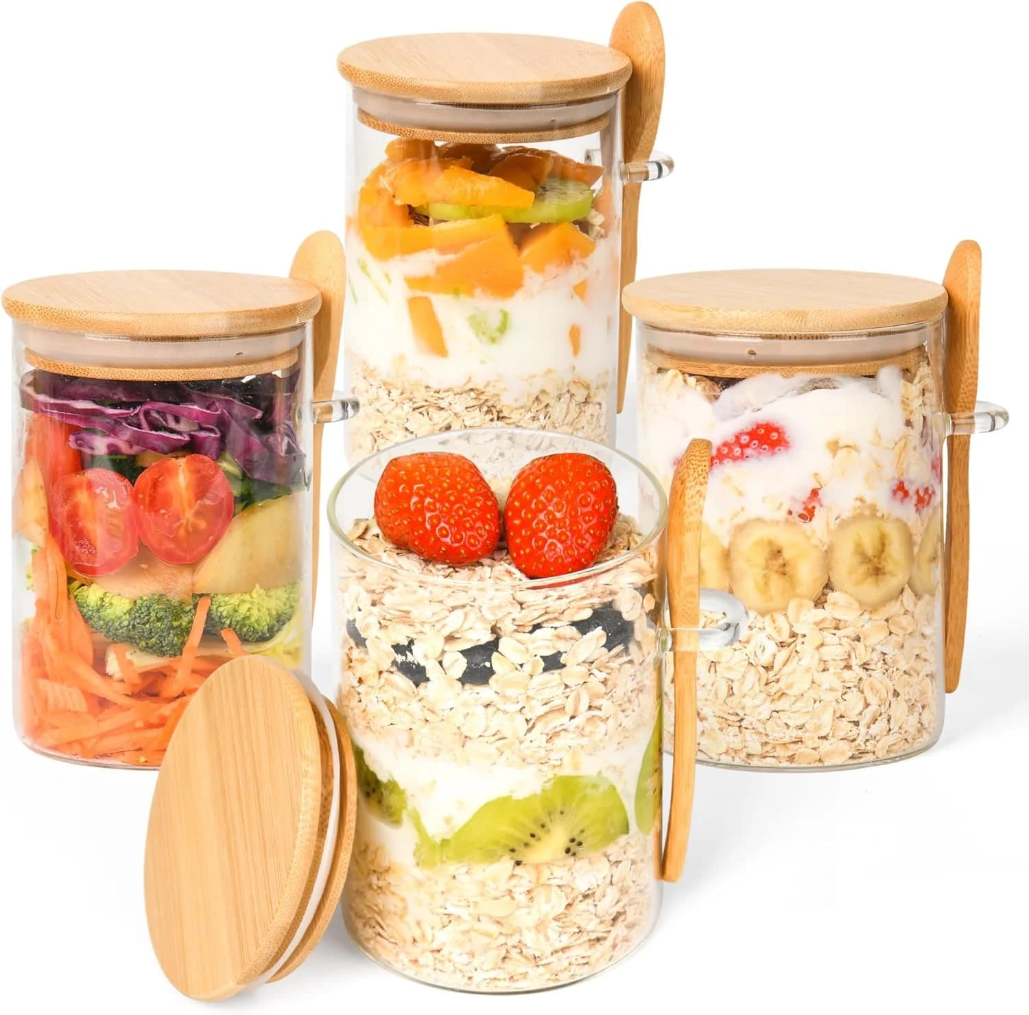 1/2/4/8Pcs Oatmeal Glass Cup Set, with Lid and Spoon, Perfect for Breakfast Oatmeal, Salad Bowls, Round Sealed Storage Glass Containers, Storage Boxes for Oatmeal, Salad, Yogurt, Coffee Beans, Spices, Maltose, Tea, Flour, and Nuts