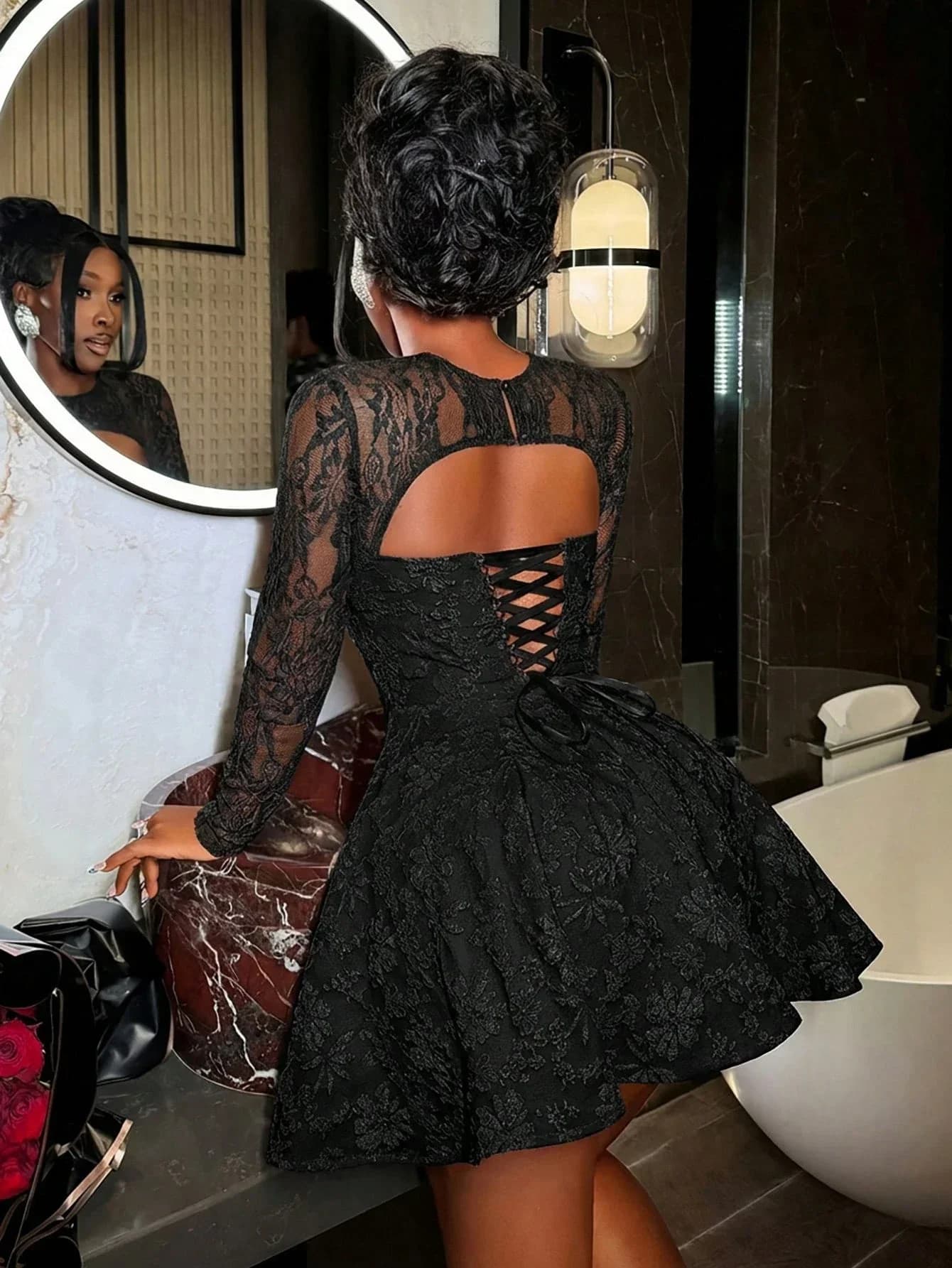 Black Floral Lace Mini Dress With Cut-Out Bust, Long Sleeves, A-Line Skirt For Evening Party Club Wear