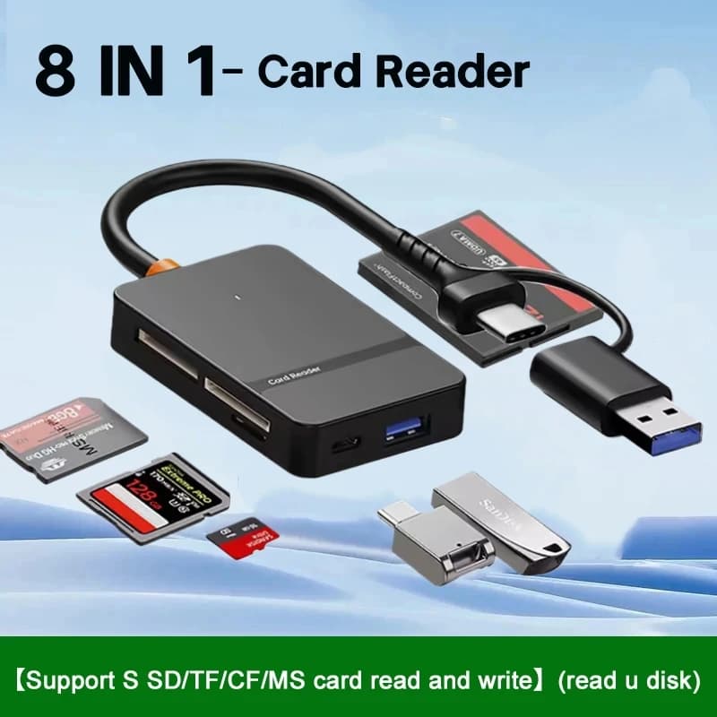Lettore di Schede 8 in 1 Hub USB 3.0 per Schede SD/TF/CF/MS, Compatibile con iPhone 15 16 17, PC, Fotocamera da Caccia, Convertitore, Unità Flash Esterna
