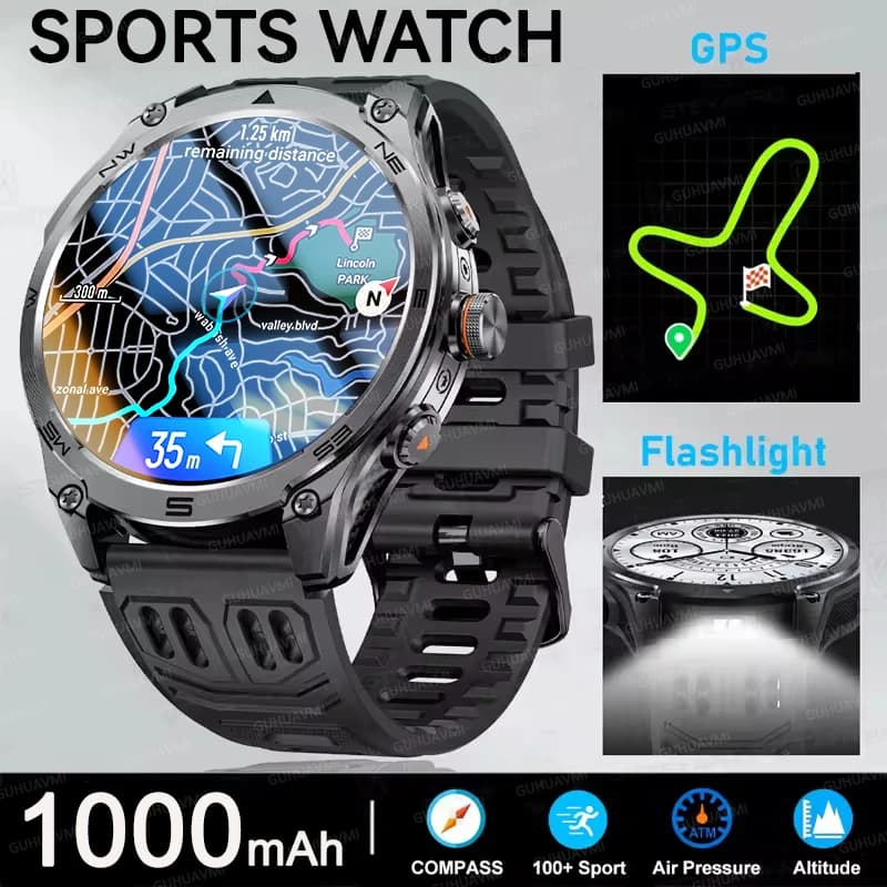 2026 NEW GPS Map Navigation Smart Watch Outdoor Sturdy Durable Military 1000mAh Battery 10ATM Waterproof 170+ Sport Swim Watches