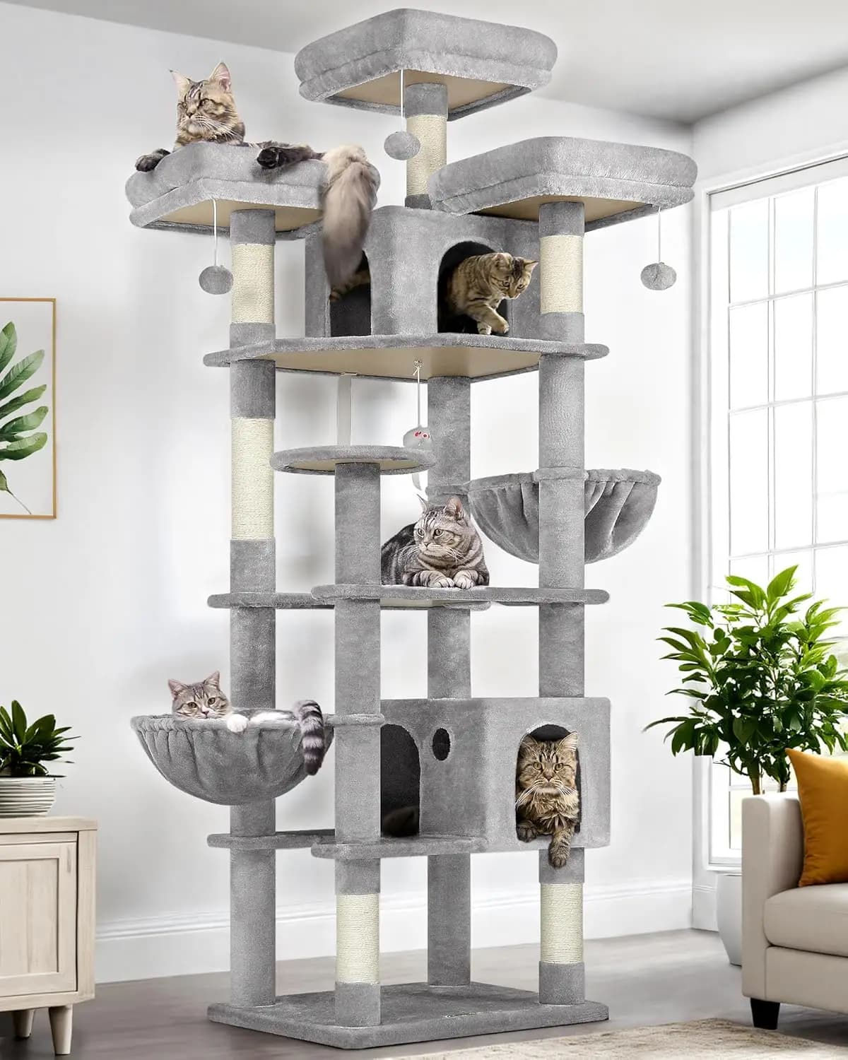 Albero per Gatti Alto 82 Pollici per Gatti Adulti Multipli con Tiragraffi, Posti di Sosta, Cucce e Cesti Sospesi in Grigio Chiaro