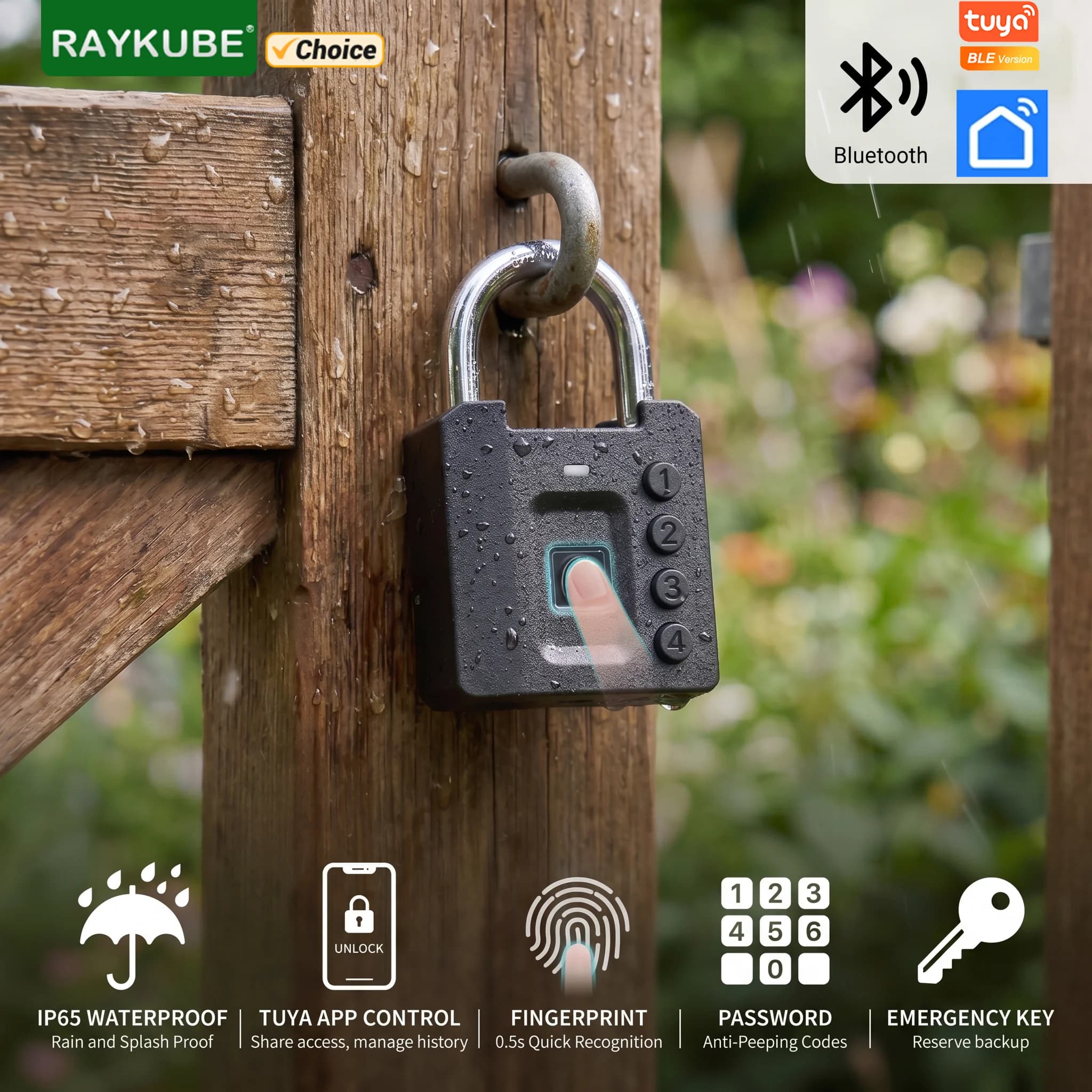 RAYKUBE SY705 Lucchetto Intelligente Impermeabile con Impronta Digitale Tuya BLE, Serratura Digitale Portatile con App, Password e Chiave Meccanica
