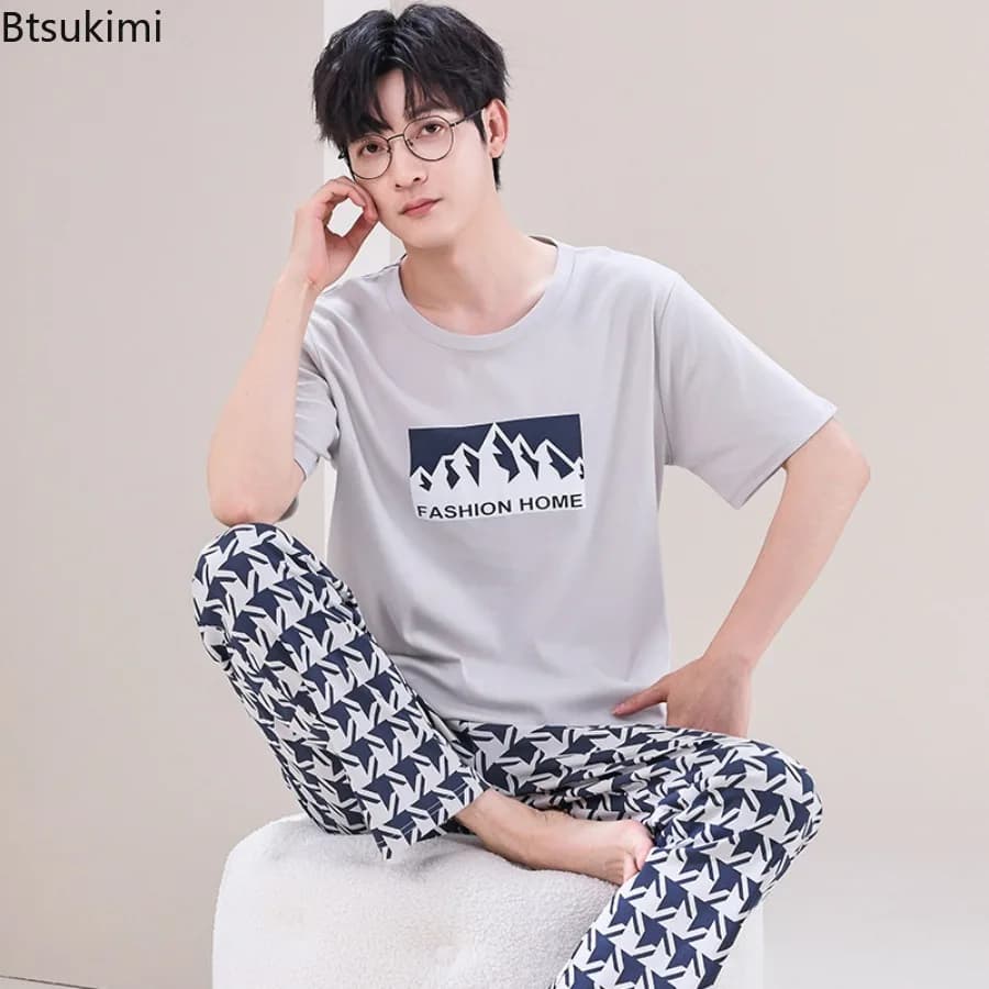 Pigiama Estivo da Uomo 2026, Set Sottile a Quadri, Top Corto Casual + Pantaloni Lunghi, Abbigliamento da Notte Maschile