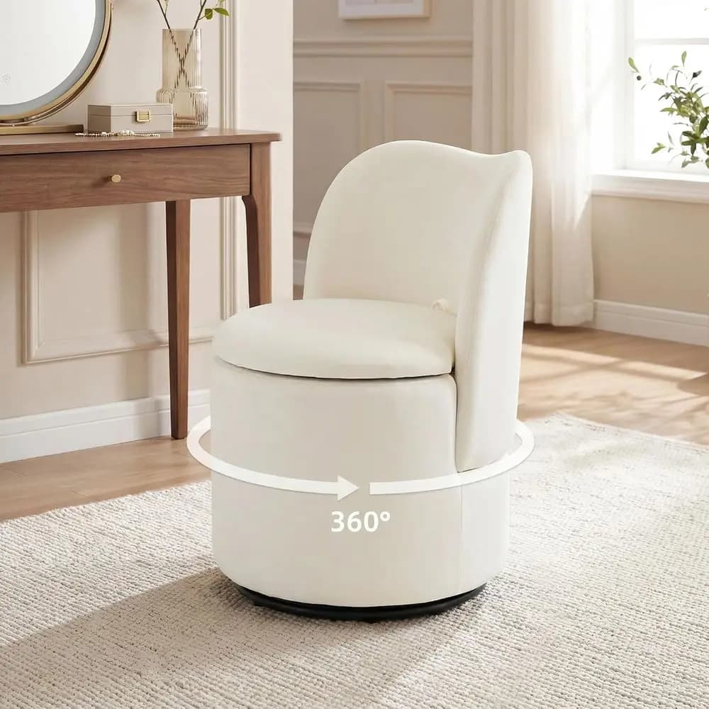 Velvet Swivel Chair with Container, Padded Stool, Sherpa Bearing Seat, Round Seating Seat