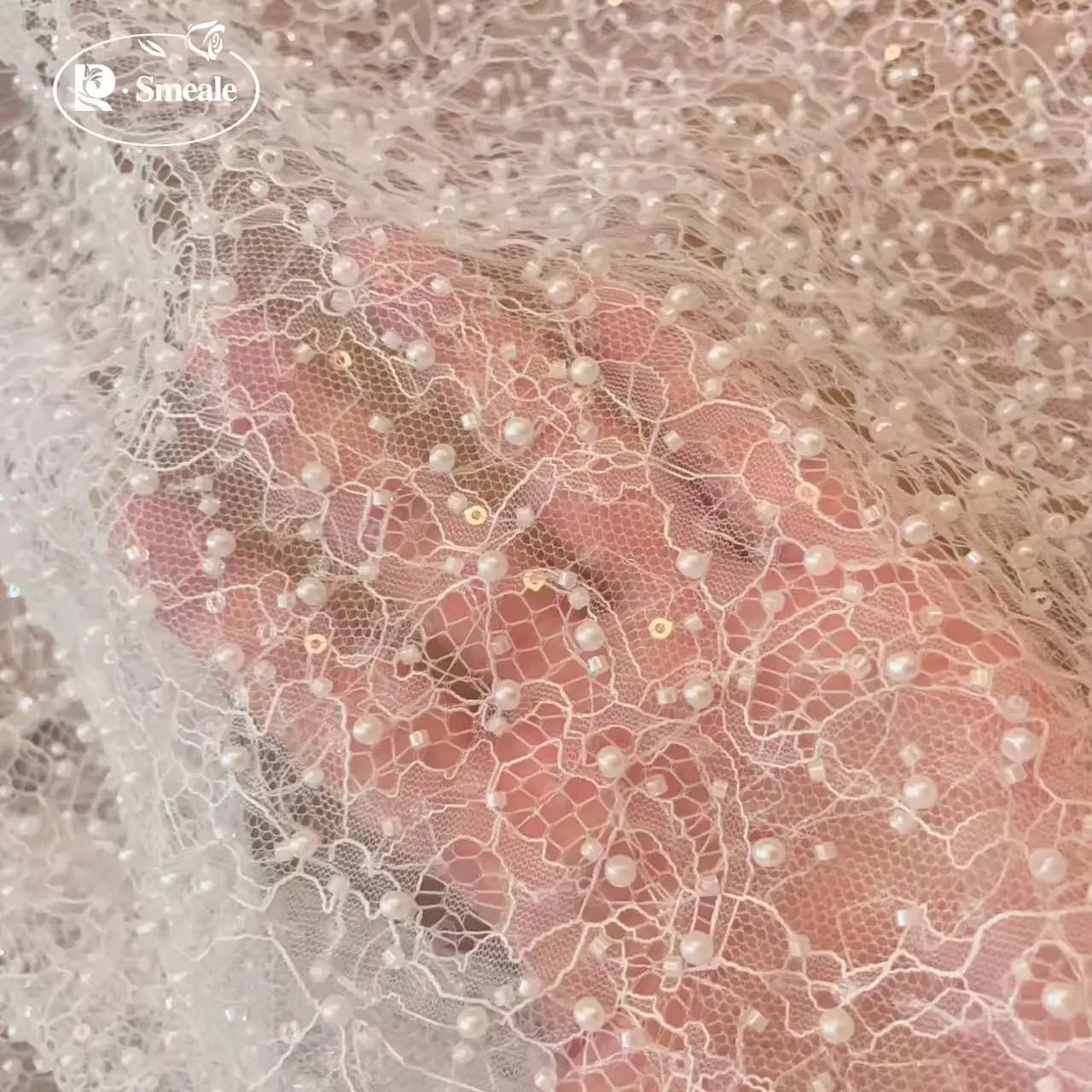 SMEALE Perline bianche Paillettes Tessuto di pizzo Abito da sera di lusso Tessuto da sposa in pizzo francese. Tessuti per cucire