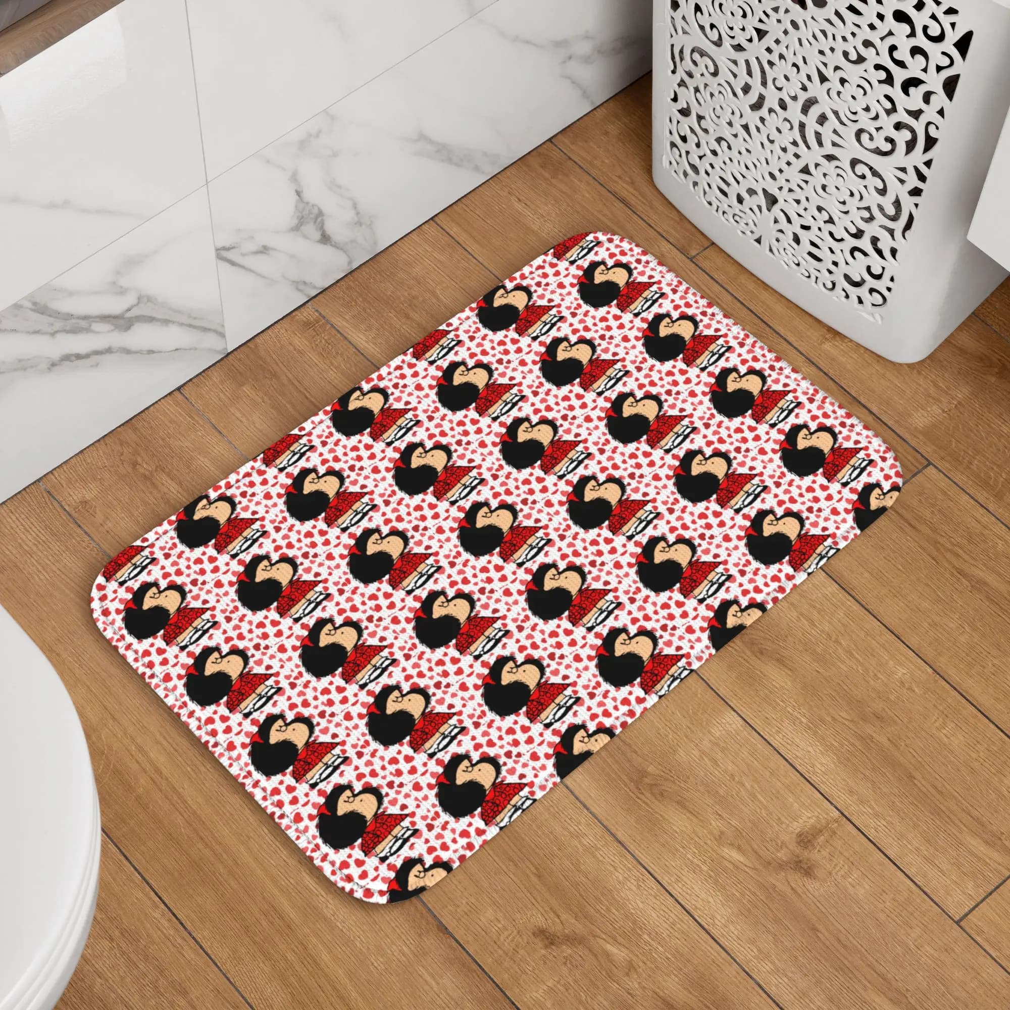 Tappetino antiscivolo con stampa Mafalda Power con un volto sorpreso, tappetino per ingresso, cucina, bagno, tappetino da giardino Quino