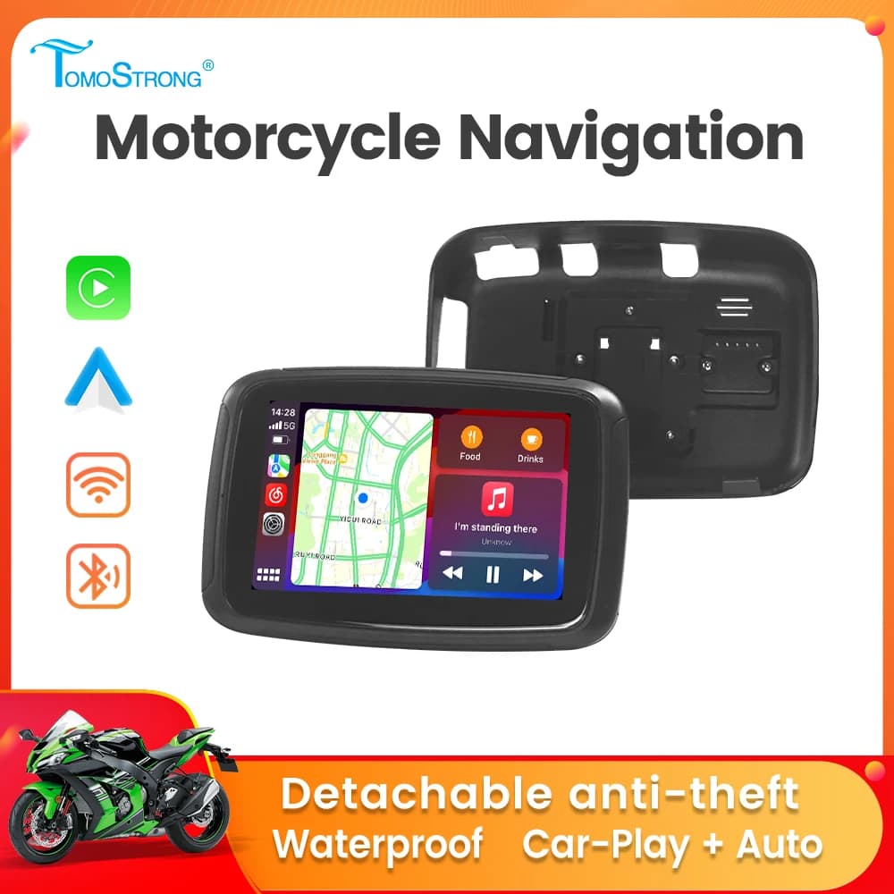 TomoStrong GPS navigation display MP5 for 5 inch portable motorcycle IPX7 waterproof solar protection Wireless Carplay Moto Android Auto