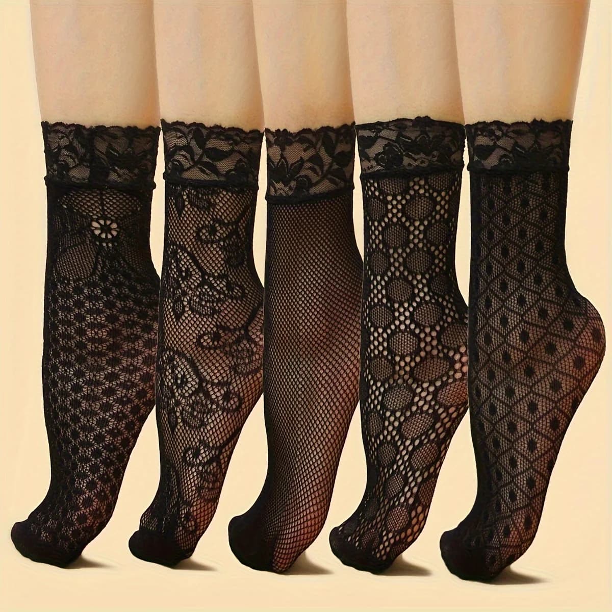 3 paia casuali di calzini da donna con decorazioni floreali in pizzo, calzini a rete, calzini alla moda e sexy in rete ultra sottile trasparente