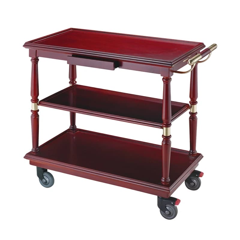 Carrello Mobile per Alimenti a 3 Ripiani in MDF Mogano con Finiture in Rame, Carrello Portavino con Maniglia e Cassetto per Hotel, Cucina, Ristorante, Resort/Villa
