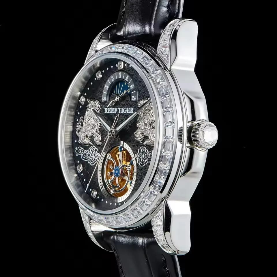 Reef Tiger Orologio automatico da uomo 42,7 mm Orologio da polso meccanico 50M Impermeabile luminoso Pixiu Quadrante scheletrato 24 ore
