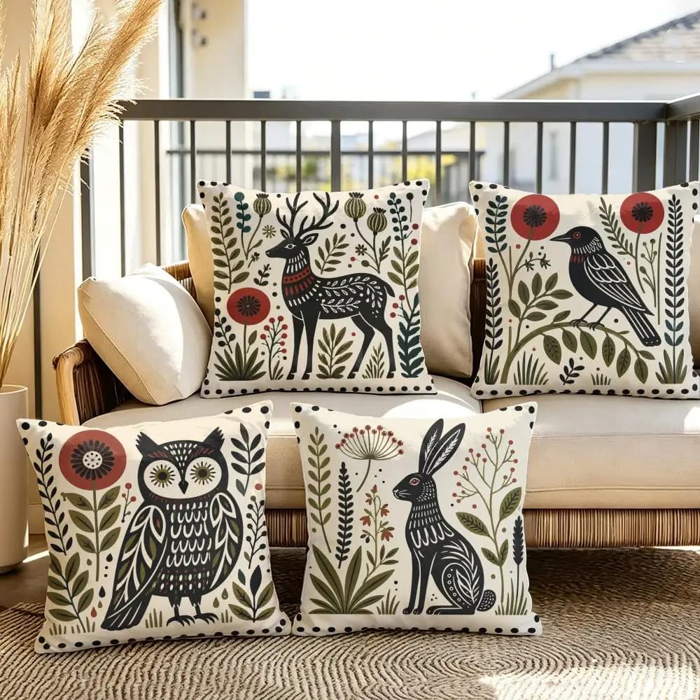Woodland Folk Art Cushion Cover Soft Plush Throw Pillow Cover Double-Sided Decorative Cushion Case Sofa Bedroom Home Decor