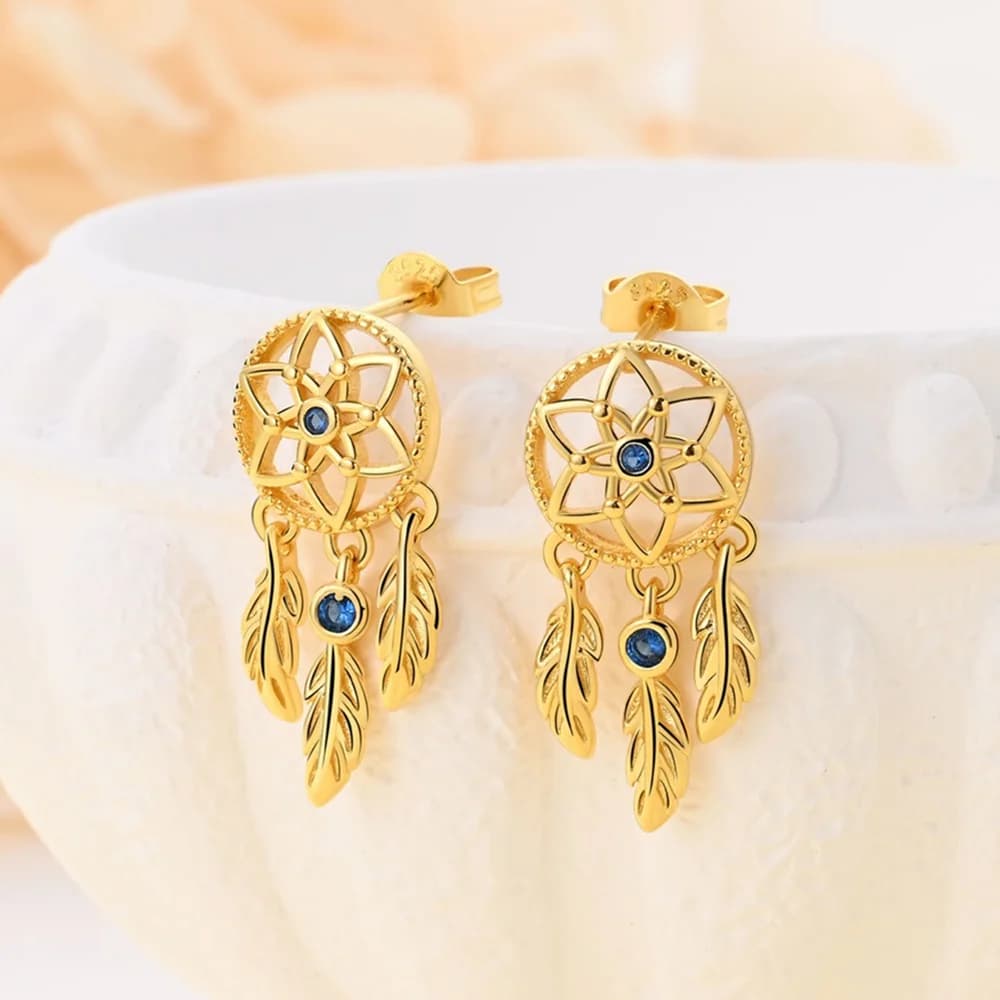 925 Sterling Silver Golden Dreamcatcher Earrings For Women Wedding Engagement Charm Earrings Jewelry Gift