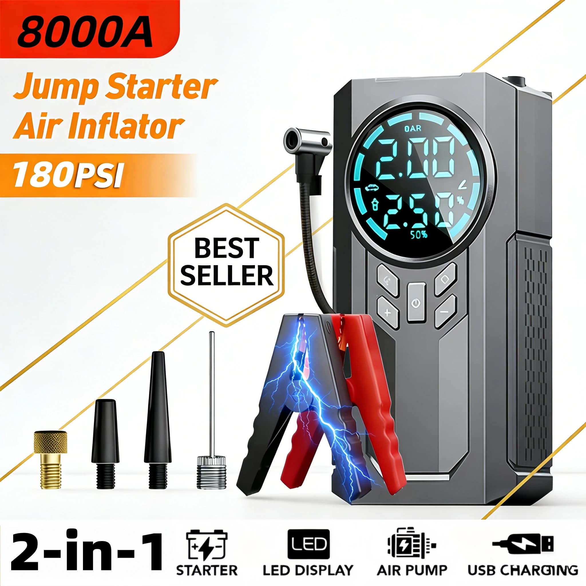 Strumento Multifunzionale Wireless per Riparazione Auto, (Include Compressore d'Aria da 180 Psi e Avviatore di Emergenza 12/24V, Dotato di Batteria da 8000mAh), Strumento di Soccorso per Auto