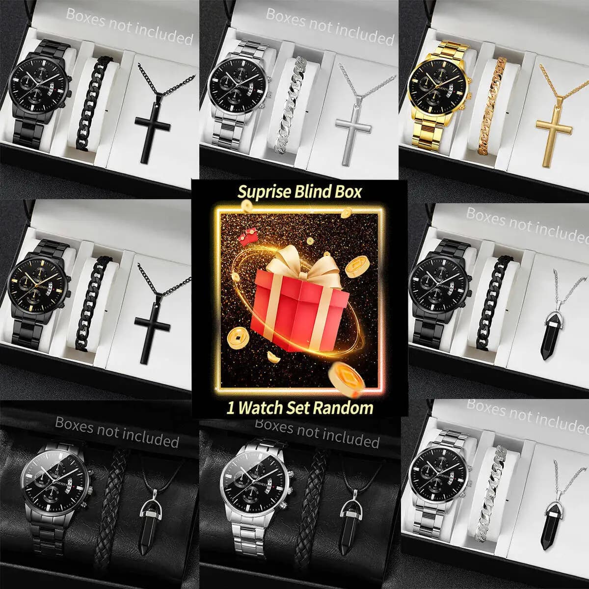 Orologio misterioso a sorpresa Blind Box-3 pezzi/set Calendario da uomo alla moda Orologi al quarzo Set di gioielli Reloj Hombre (senza scatola)