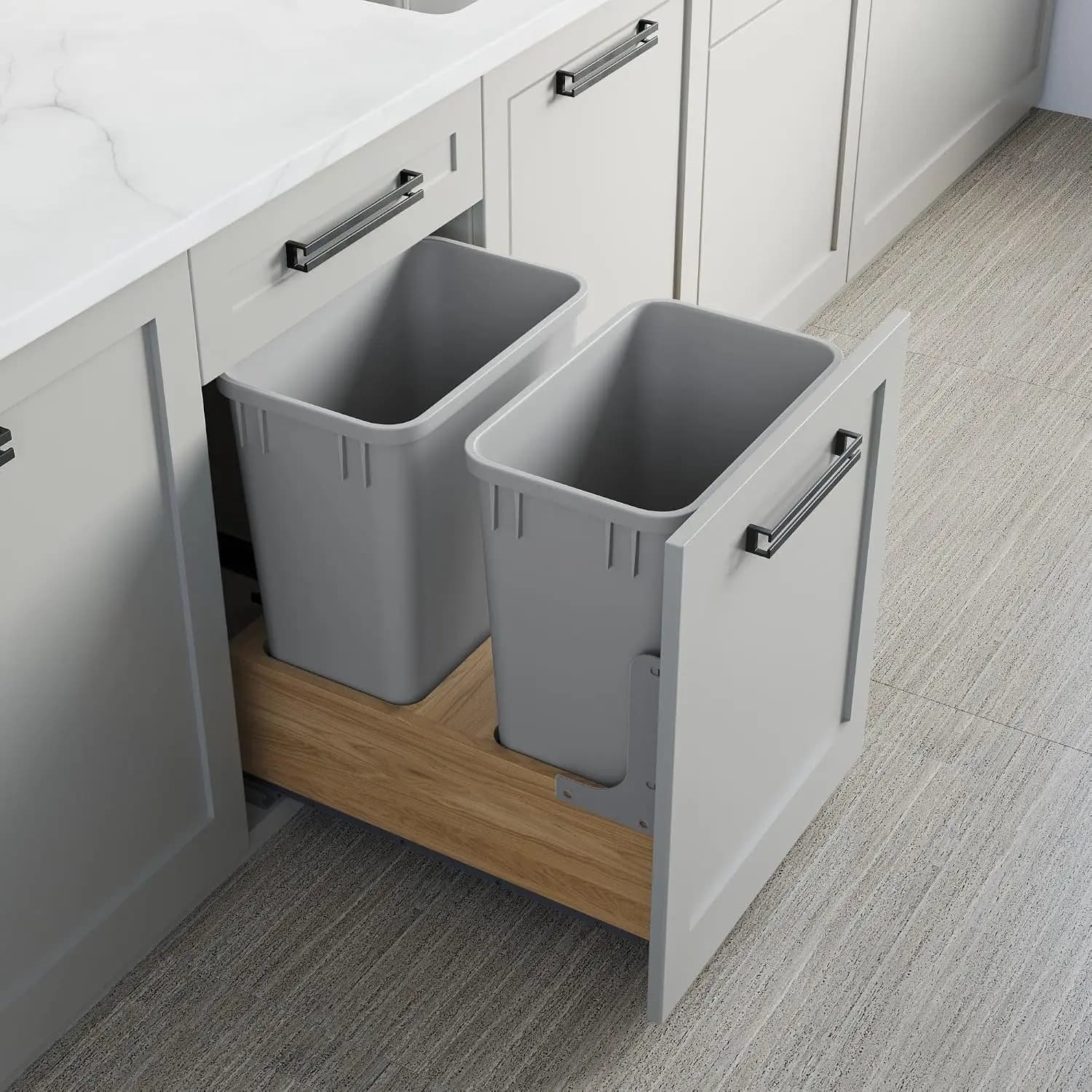 Wood‑Base Under‑Cabinet Pull‑Out Wastebasket, Dual 35Qt Removable Plastic Bins, Soft‑Close Full‑Extension Slide Trash & Recycling System for Kitchen Base Cabinet Installation