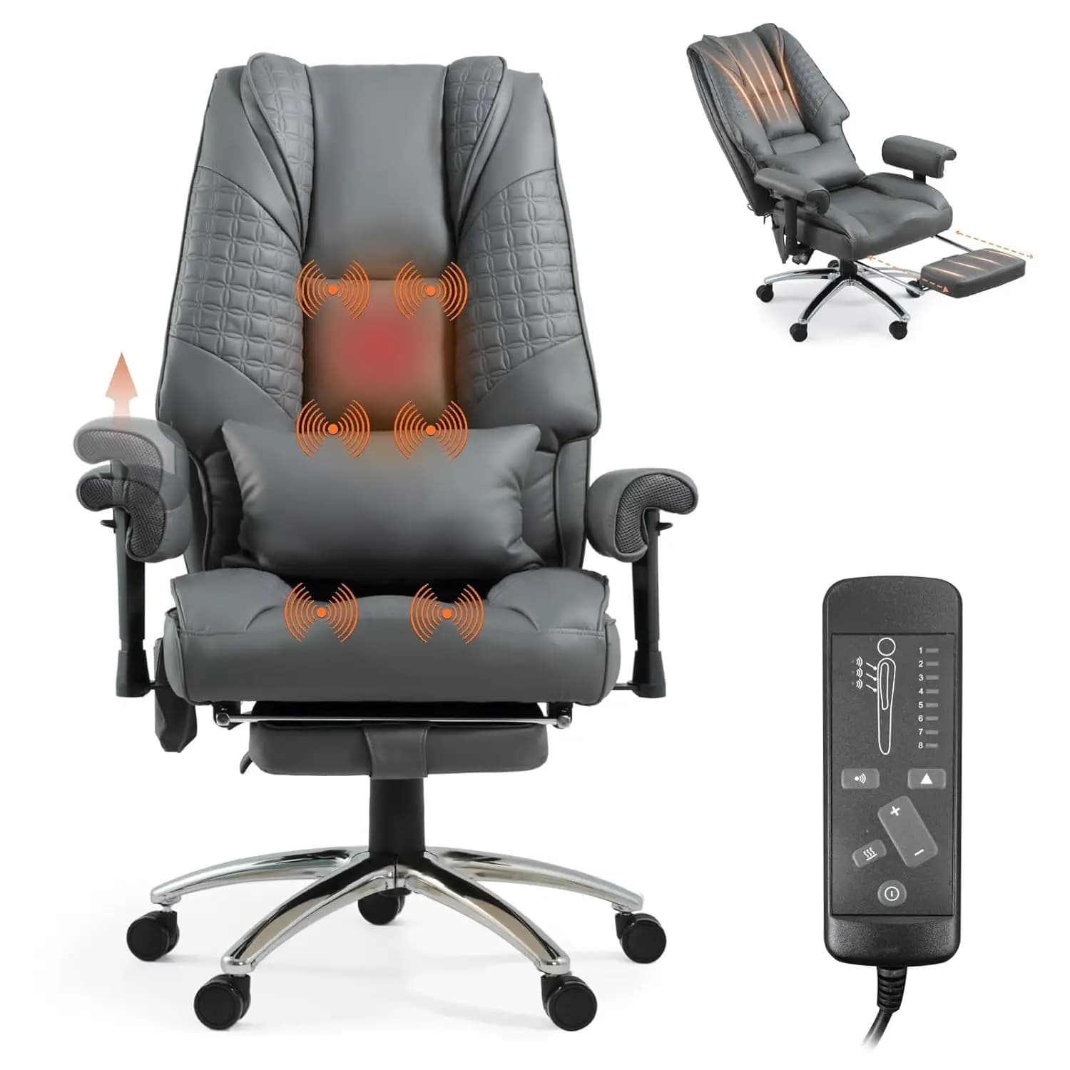 Sedia da Ufficio con Massaggio e Riscaldamento, Poggiapiedi, Schienale Reclinabile Ergonomico, Regolabile e Personalizzabile