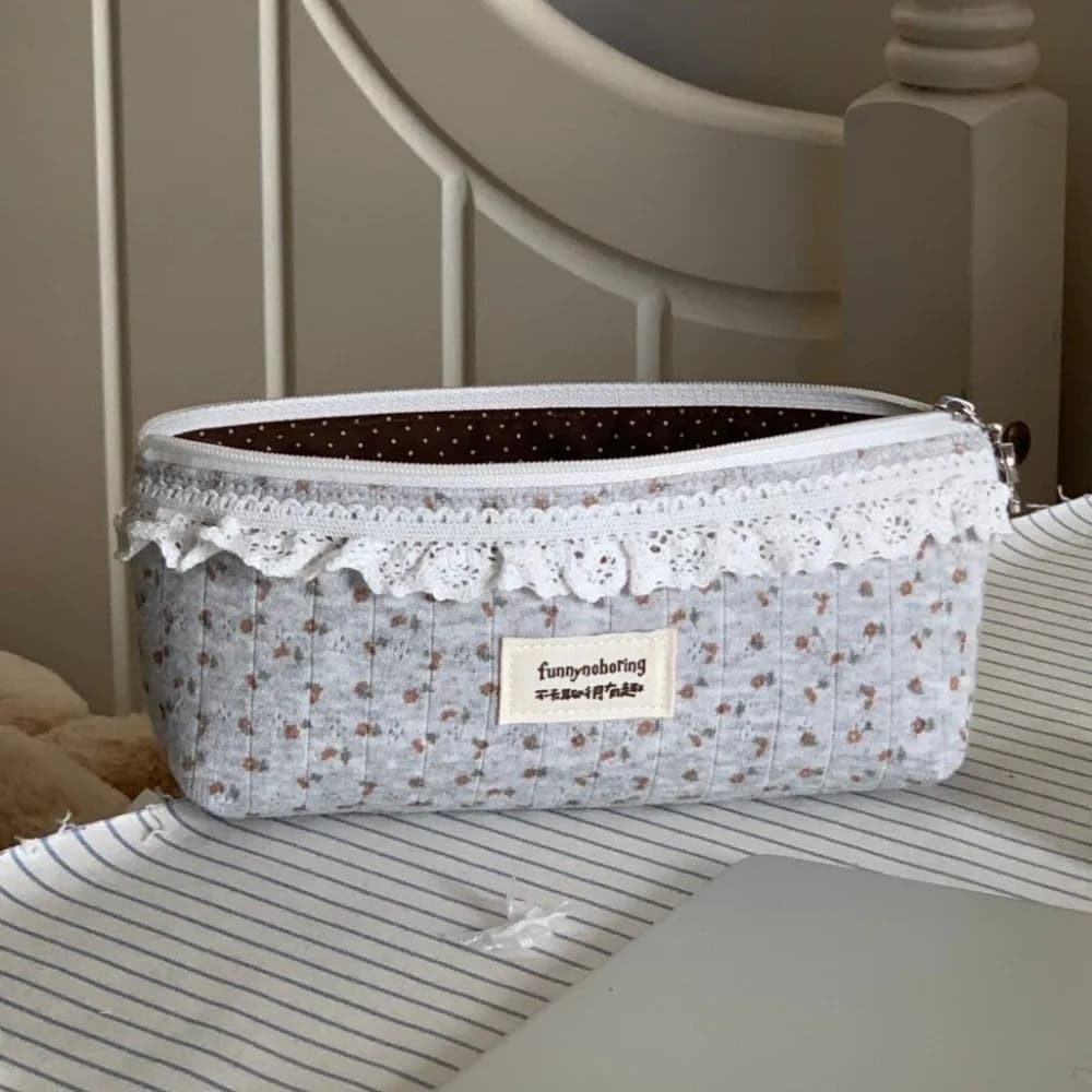 Multi Function Floral Pattern Pencil Case Grey Lace Trim Pen Bag Large Capacity Stationery Bag Students