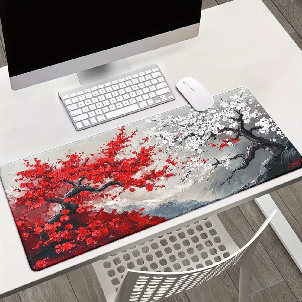 Tappetino da Tavolo Estensibile con Fiori di Ciliegio Rossi e Bianchi, Tappetino Antiscivolo per Mouse, Accessori Decorativi per Scrivania e Gaming