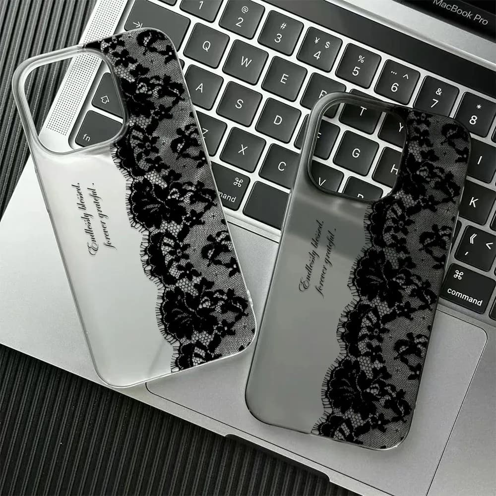 Fashion Black Lace Matte Phone Case For iPhone 17Air 17 16 15 14 13 12 11 Pro Max 7 8 Plus XR XS Max Y2K Shockproof Soft Cover
