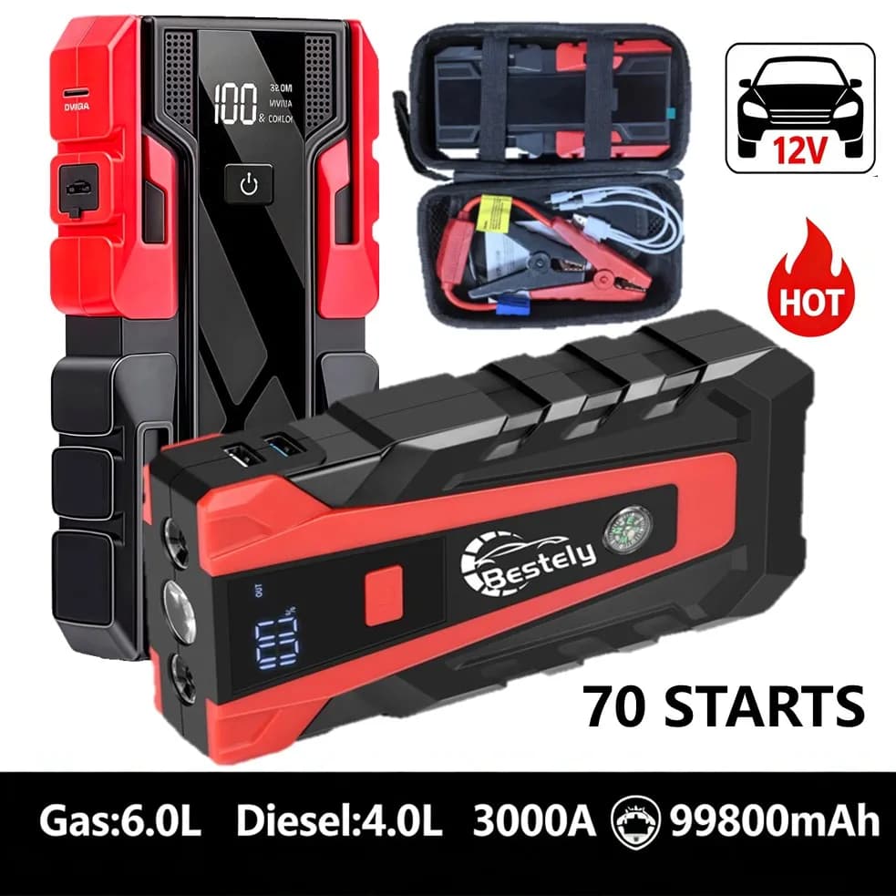 Avviatore di emergenza per auto con batteria portatile fino a 6.0L a benzina e 4.0L a diesel, 12V, con torcia e cavi di avviamento