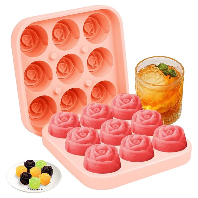 Stampi per ghiaccio rosa 3D da cucina Vassoi per cubetti di ghiaccio piccoli da 1,3 pollici Crea 9 griglie Forma di fiore carino Gomma siliconica per ghiaccio Divertente creatore di palline di ghiaccio