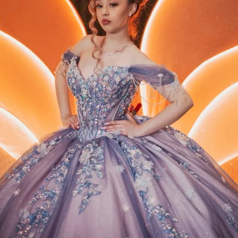 Abito Quinceanera viola polveroso lucido glitter di cristallo fiore 3D decalcomania coda lunga perline pizzo abiti da 15 Quinceanera Personalizza