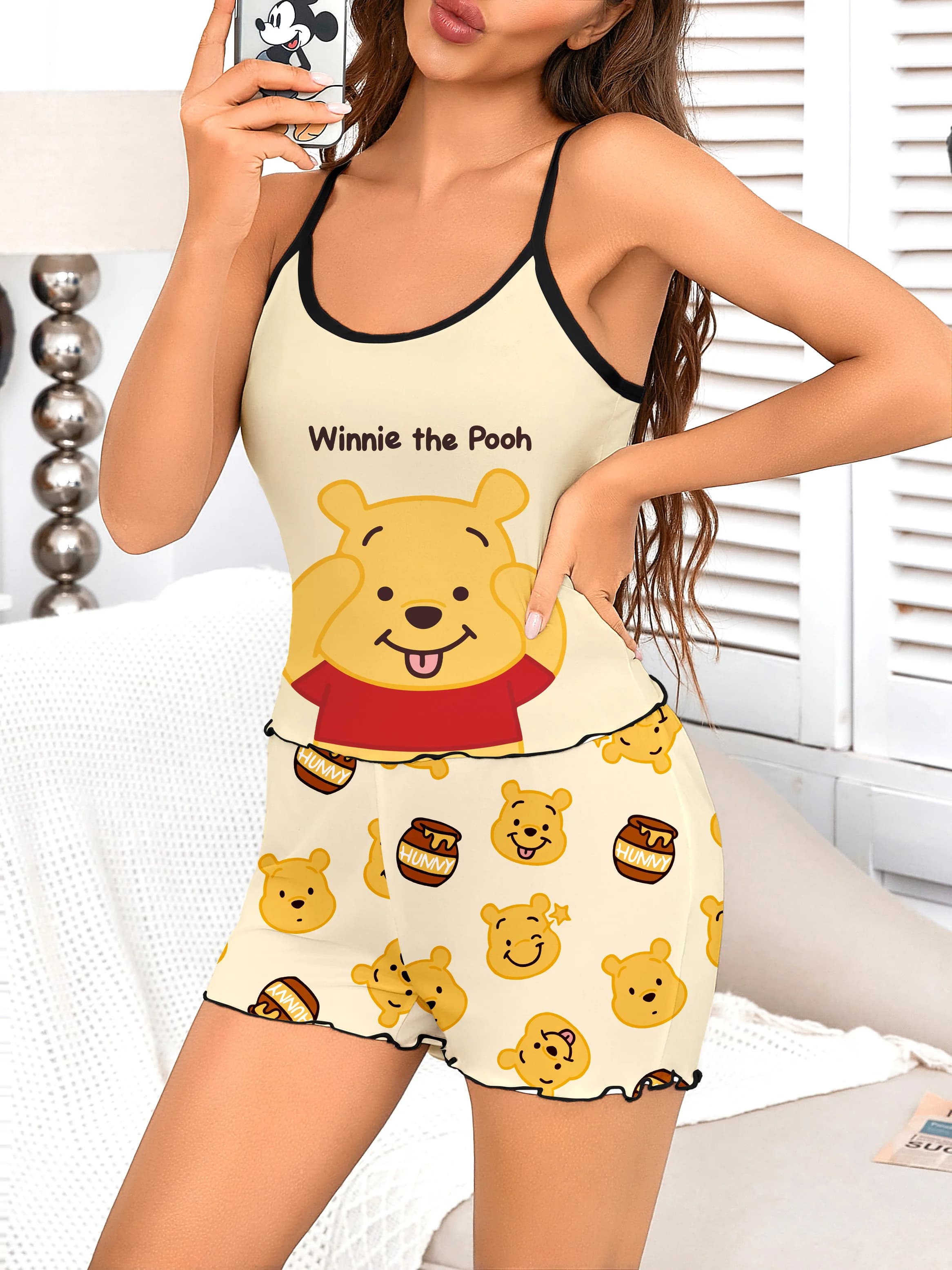 Women's 2-piece Disney Winnie the Pooh Cute Cartoon Printed Pattern Strap Top and Shorts Sleepwear Home Clothes