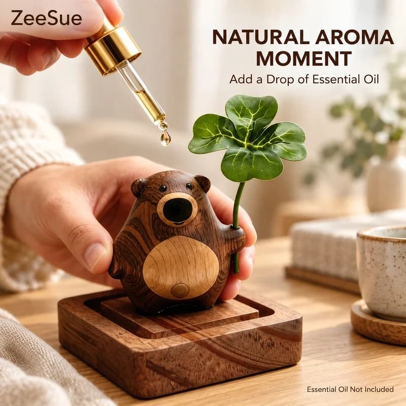 ZeeSue Bear Aroma Diffuser, Wooden Car and Desktop Decoration with Green Leaf Accent, Essential Oil Not Included