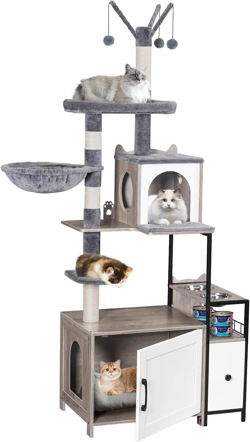 Albero per Gatti da 170 cm con Lettiera Nascosta, Torre per Gatti 3-in-1 per Interni, Stazione Cibo e Amache