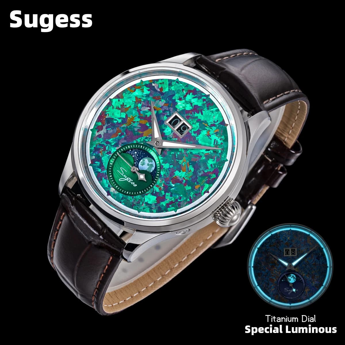 Orologio da uomo Sugess con movimento Moonphase ST2528, orologi da polso meccanici automatici, impermeabili, con quadrante in titanio e vetro zaffiro S401