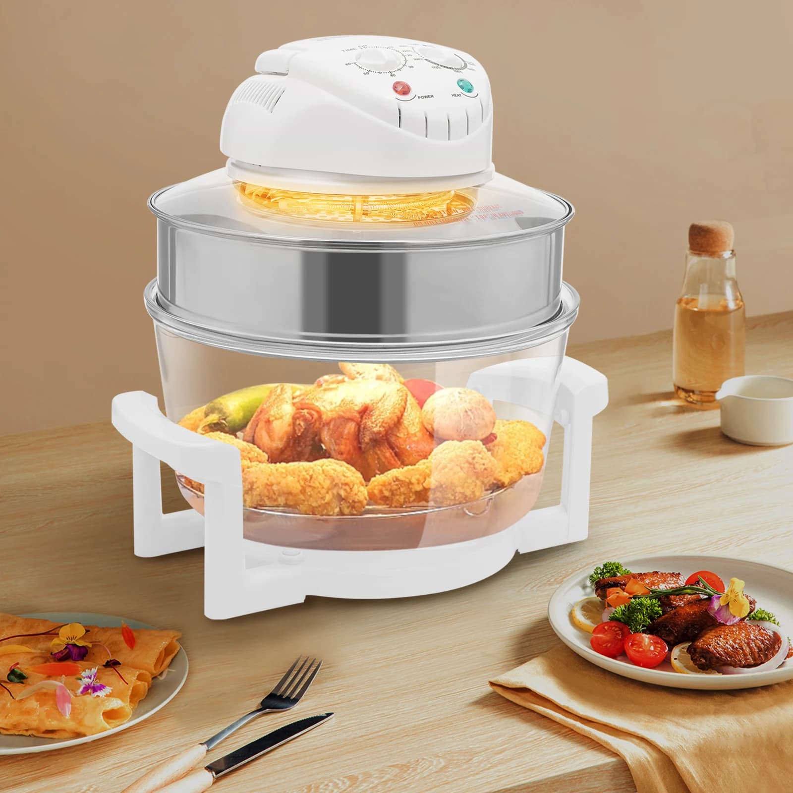 Friggitrice ad aria in vetro da 17,96 Qt 360 ° Visibile 0 ℃ -250 ℃ Sistema di cottura per friggitrice ad aria con anello di espansione, tubo riscaldante alogeno + circolazione a caldo