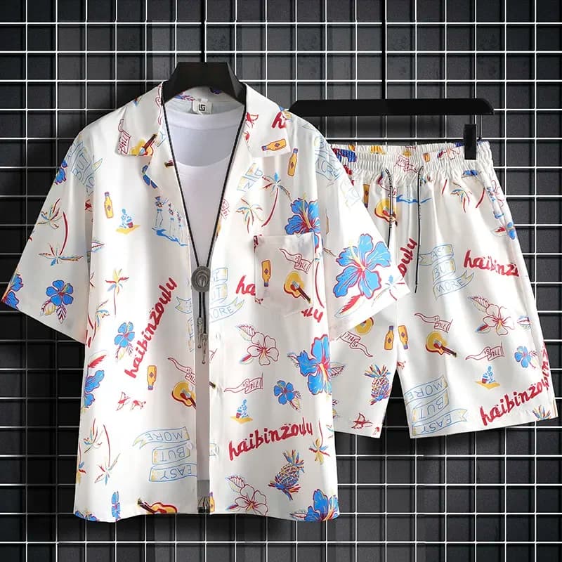Men Hawaiian Print 2 Piece Set Short Sleeve Shirt And Shorts Beach Summer Outfit
