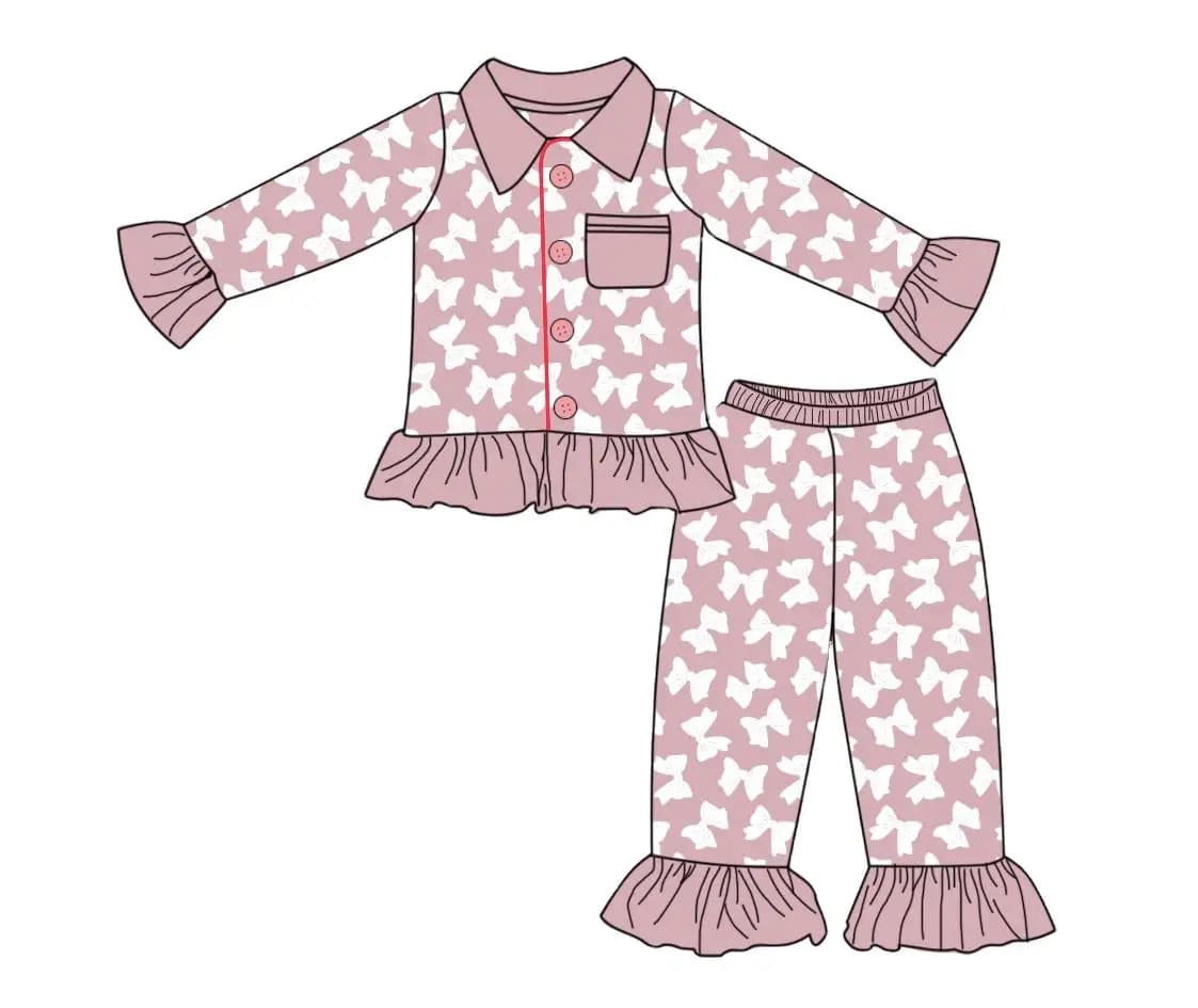 Set di abbigliamento per bambina con colletto a balze, bottoni, fiocco decorativo, stampa effetto attrezzi, tessuto in seta latte, set di abbigliamento per bambini personalizzato, vendita all'ingrosso.