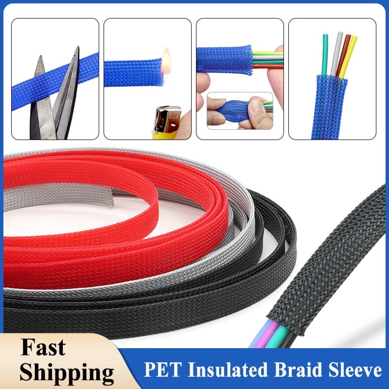 PET Insulated Braid Sleeving 2mm - 50mm Tight Expandable Cable Wire Sleeve Flame-retardant Nylon Braided Mesh Sheath Tube DIY