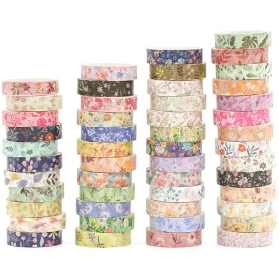 Flowers Washi Tape Pack 50 Rolls Floral Printed Masking Tape Plants Decorative for Arts, DIY Crafts, Journal Supplies, Planners