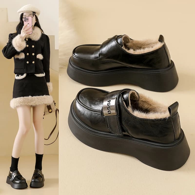 Mocassini da donna con fodera in cotone e pile, scarpe in pelle calde, eleganti e versatili, suola spessa per aumentare l'altezza, M01