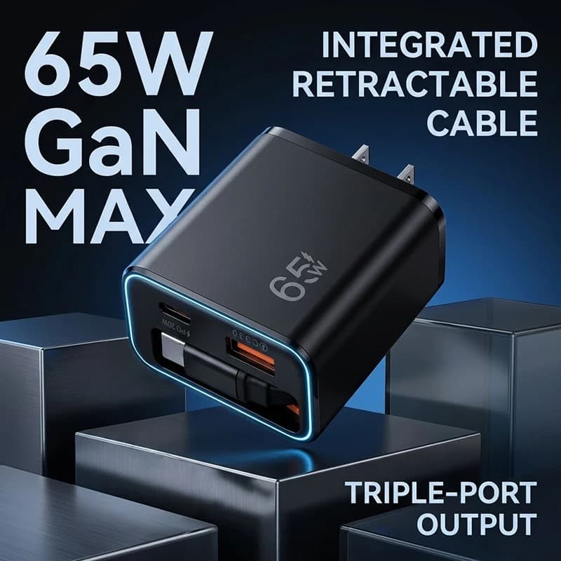 65W Fast Charging USB C Wall Charger With Retractable Type C Cable PD QC3.0 Power Adapter For Smart Phones And Tablets