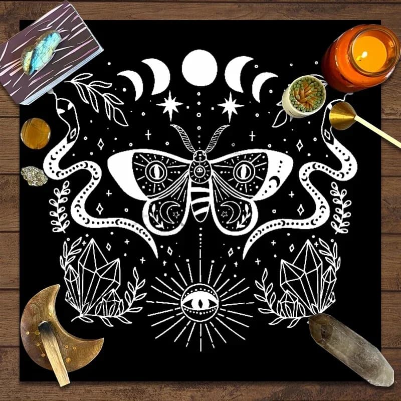 Tappeto in Velluto con Design Tarocchi, Falene e Cristalli, Tappetino per Divinazione, Gioco da Tavolo, in Poliestere Stampato, per Arredamento Casa, Yoga e Altare