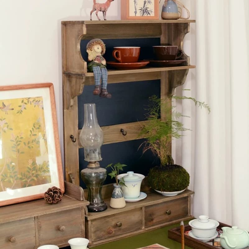 Solid Wood Storage Cabinet Creative Coffee Cup Organizer Rack Tea Set Display Floating Shelf Hanging Wall Kitchen Spice Rack