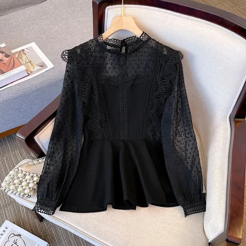 Women's Black Lace Patchwork Long Sleeve Blouse Elegant Casual Loose Peplum Hem Top Vintage Office Daily Spring Summer Fashion