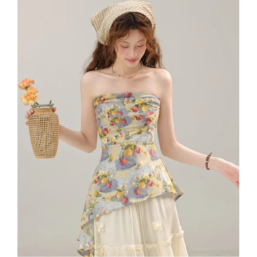 Top senza spalline floreale in stile francese da donna, camicetta con orlo asimmetrico a volant, elegante top a tubino estivo per l'uso quotidiano