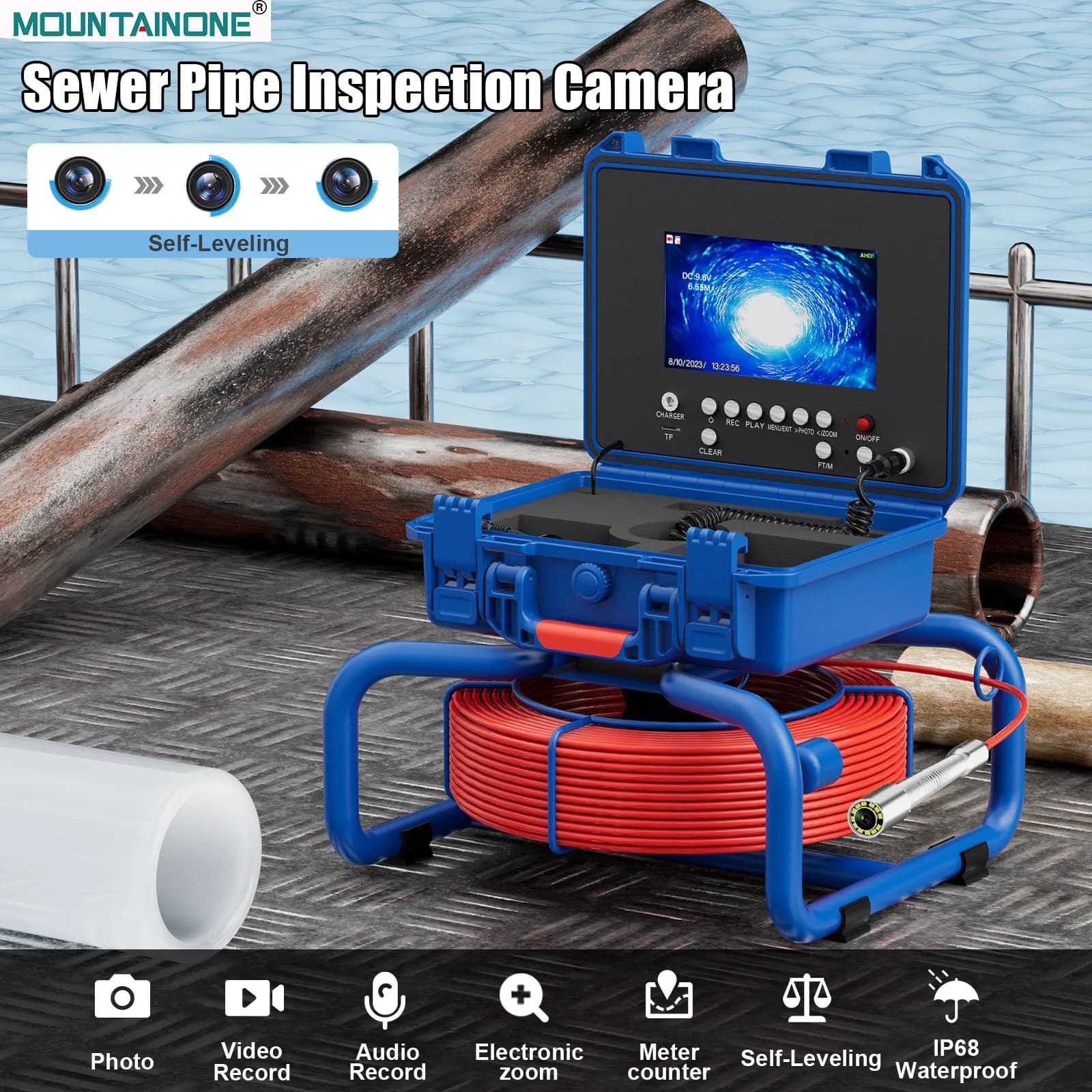 Sewer Pipe Inspection Camera with Meter Counter and Self-Leveling DVR 7 inch 20M/30M/50M Waterproof Video Endoscope Camera