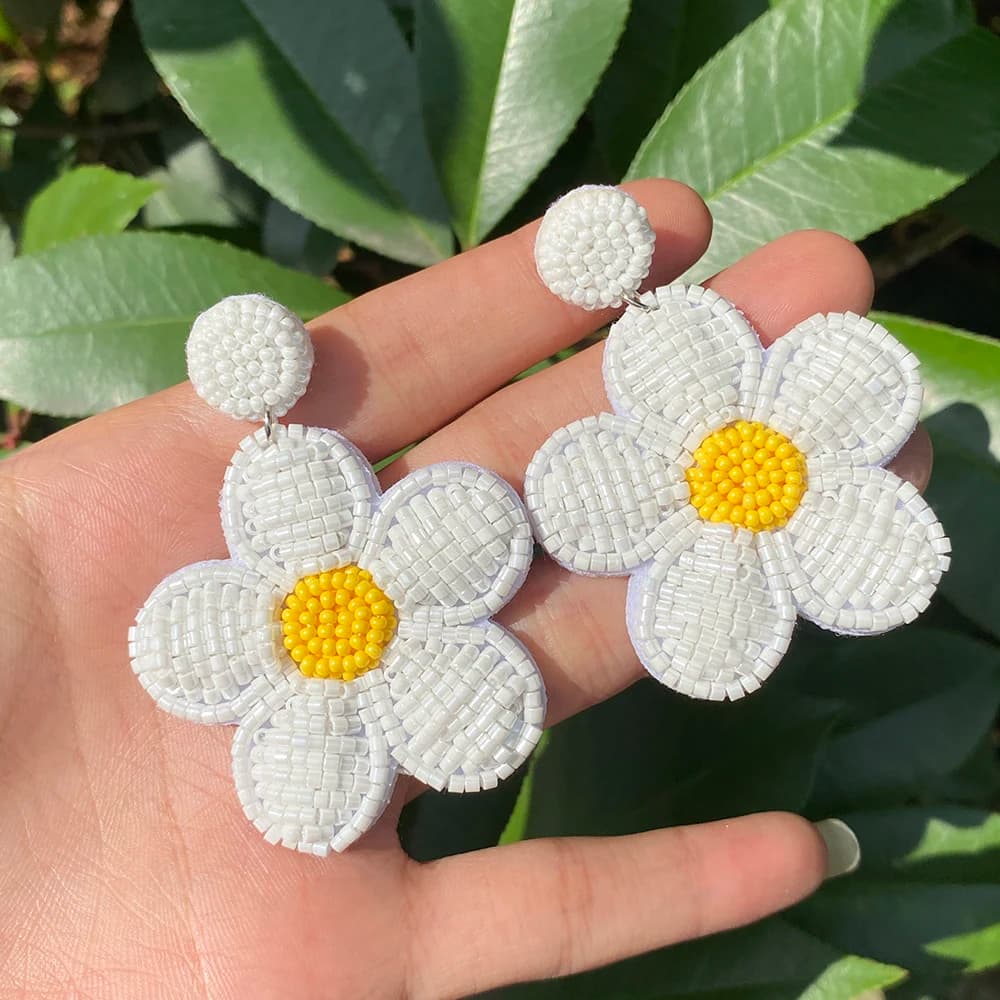 Lifefontier New White Flower Drop Earring With Handmade Seed Beads For Women Bohemia Beach Floral Large Earring Jewelry Gifts For Party