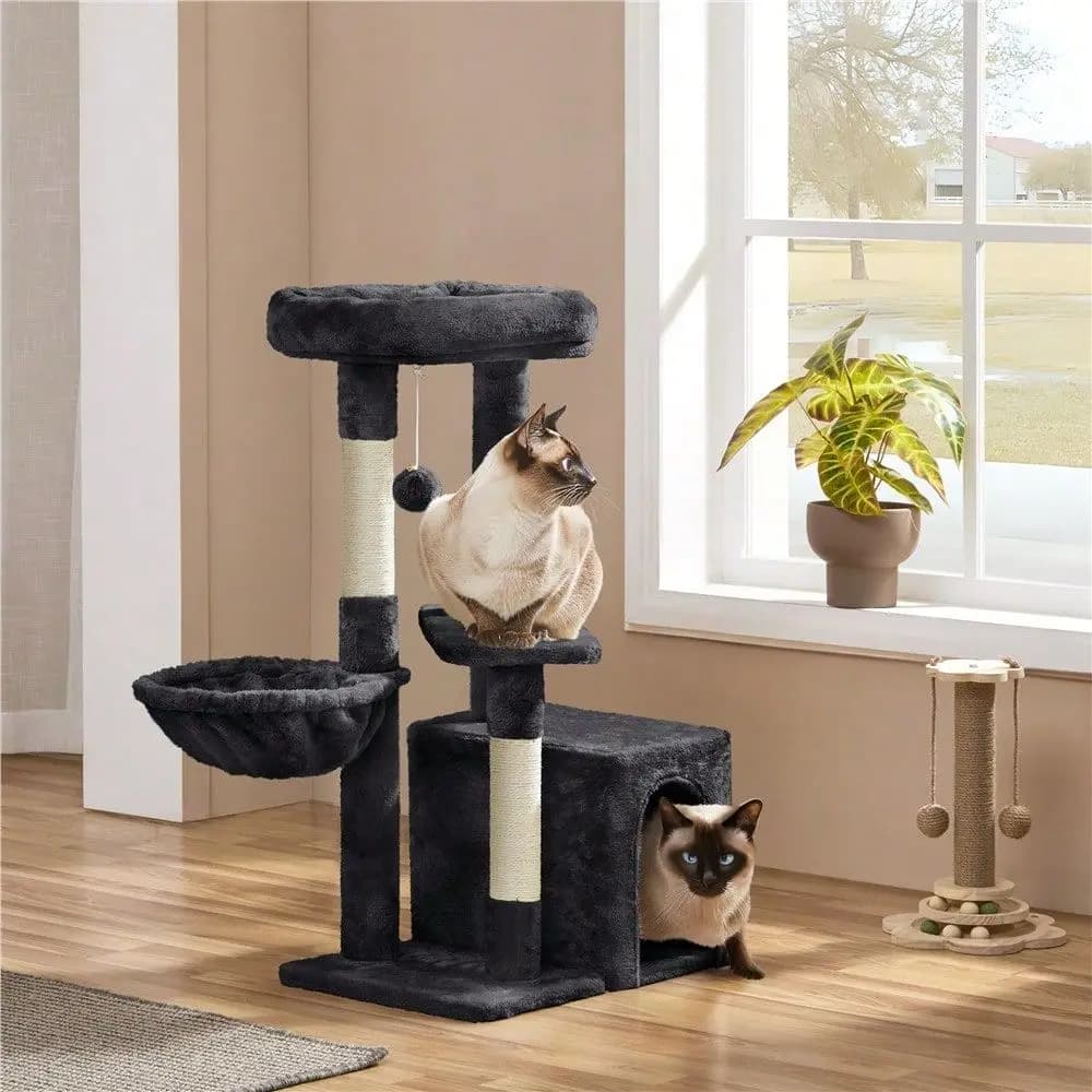 Torre per gatti alta 34 con pali in corda di sisal, cesto nido, piattaforma e cuccia in peluche per gatti, per gattini e gatti adulti da interno